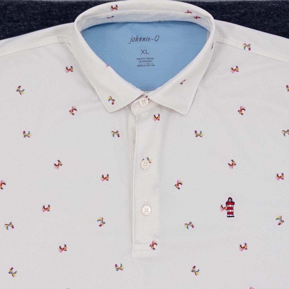 johnnie-O Polo Shirt Mens XL White Rooster Lighthouse Print Excellent